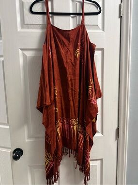 🆕 Pineapple Moon Cold Shoulder Batik Fringe Tunic Dress One Size